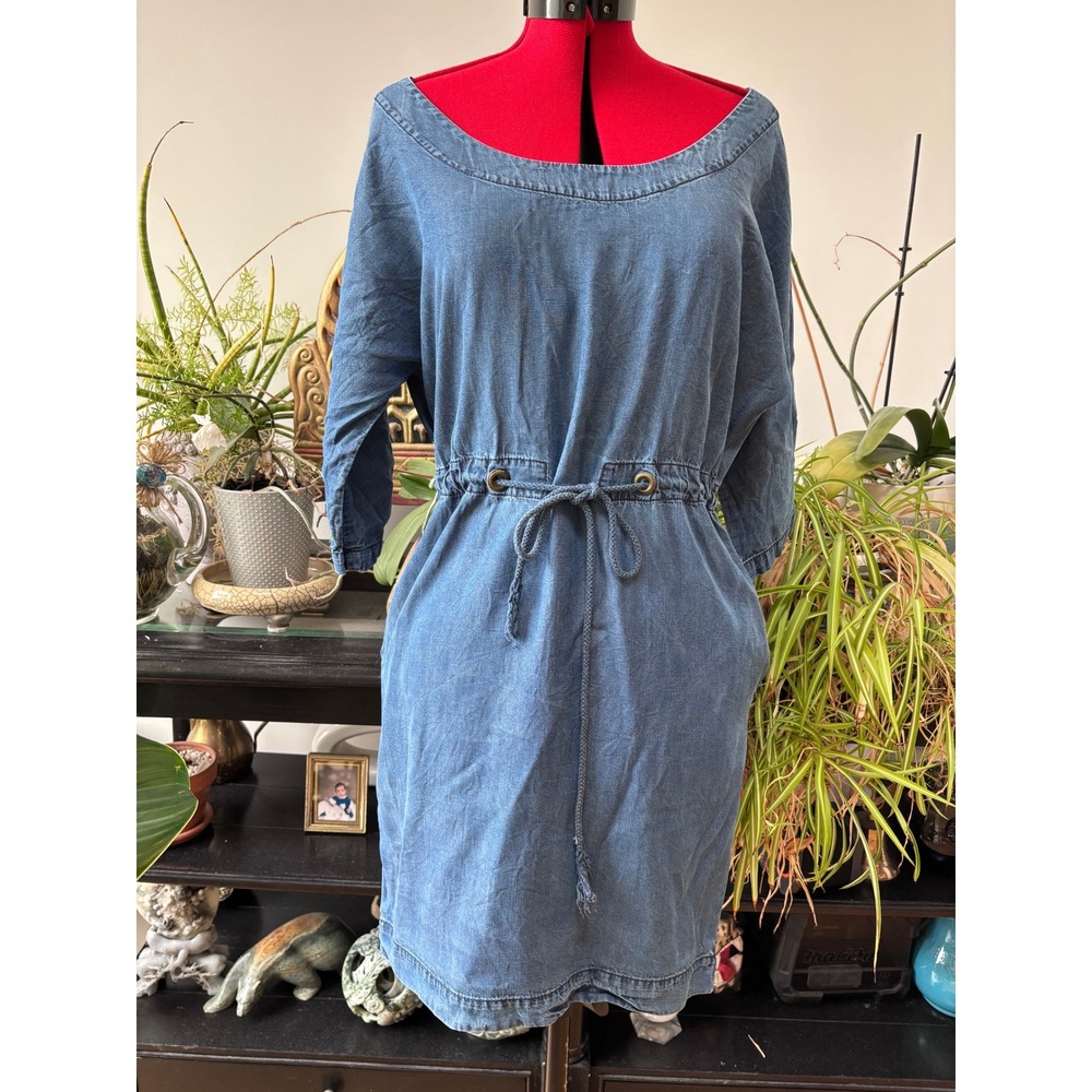 ZARA BASIC tunic dress women size S blue lyocell drawstring waist 3/4 sleeve